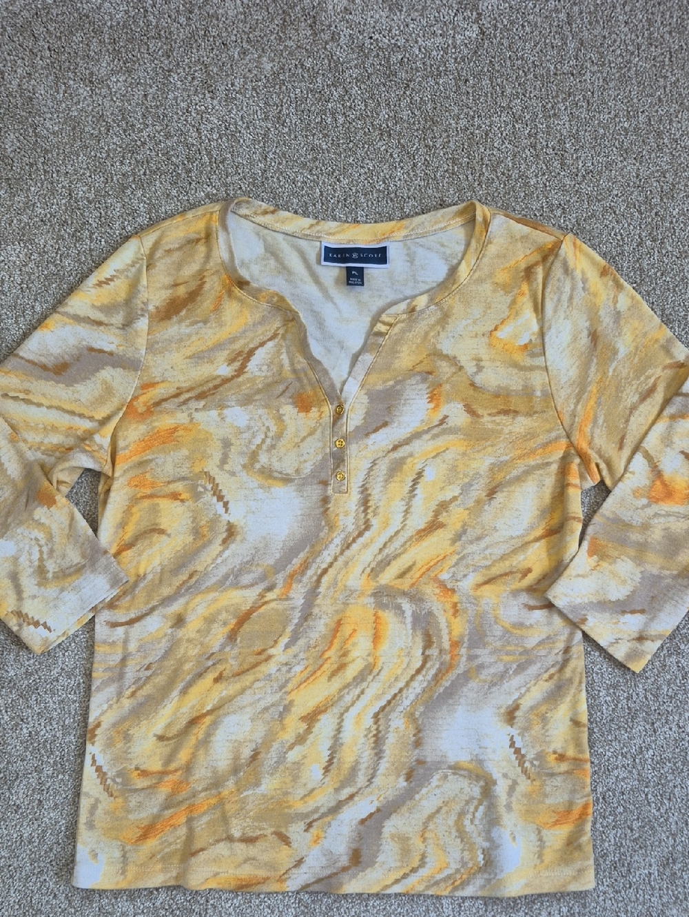 Karen Scott Yellow and Beige Marble Henley Shirt